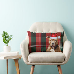 Dog Lover Christmas Brown Pitbull Holiday Plaid Lumbar Cushion