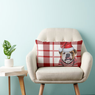 Dog Lover Christmas Bulldog Red Holiday Plaid Lumbar Cushion