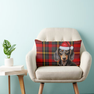 Dog Lover Christmas Dachshund Red Holiday Plaid Lumbar Cushion