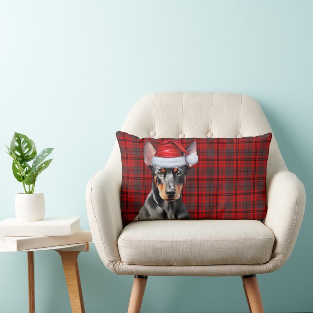 Dog Lover Christmas Doberman Red Holiday Plaid Lumbar Cushion (Chair)