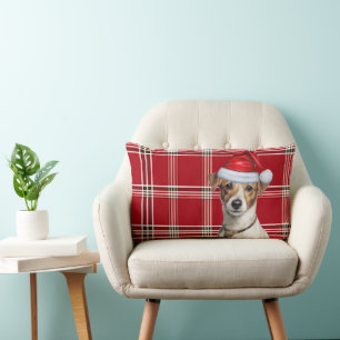 Dog Lover Christmas Jack Russell and Holiday Plaid Lumbar Cushion