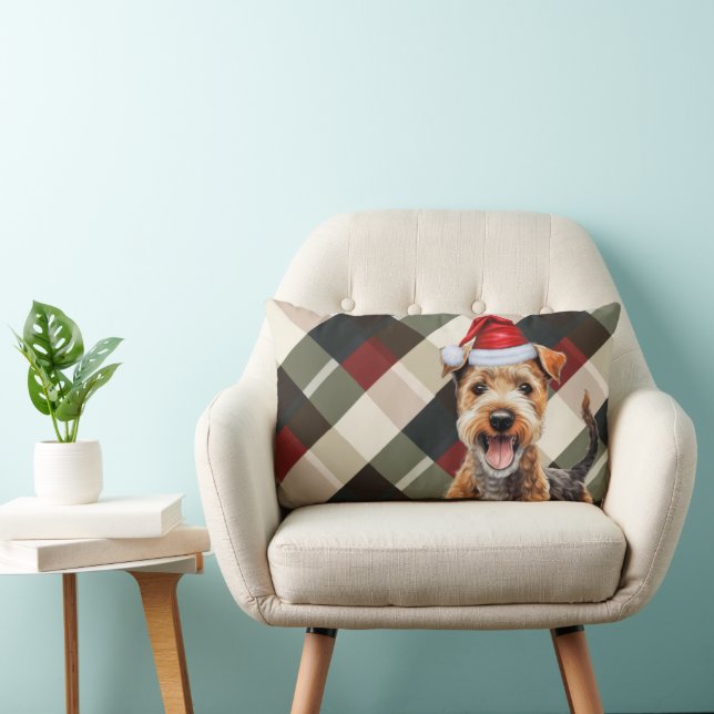 Dog Lover Christmas Lakeland Terrier Holiday Plaid Lumbar Cushion (Chair)