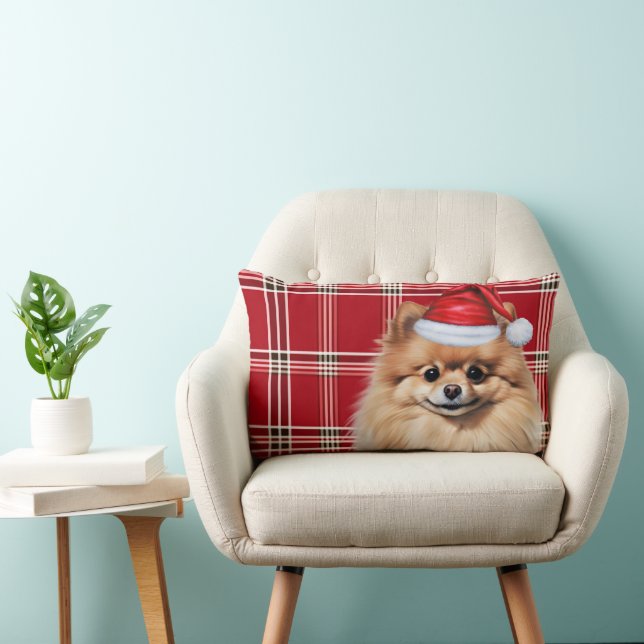 Dog Lover Christmas Pomeranian Holiday Plaid Lumbar Cushion (Chair)