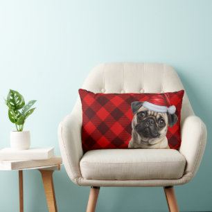 Dog Lover Christmas Pug Red Buffalo Holiday Plaid Lumbar Cushion