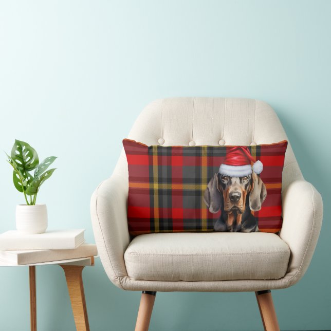 Dog Lover Christmas Red Black Coonhound Plaid Lumbar Cushion (Chair)