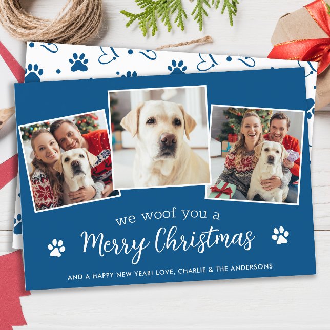Dog Lover Custom Pet Photos Woof Merry Christmas Holiday Card (Creator Uploaded)