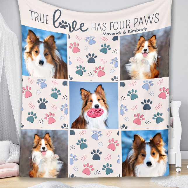 Dog Lover Customized 5 Photo Pastel Paw Print  Fleece Blanket (Creator Uploaded)