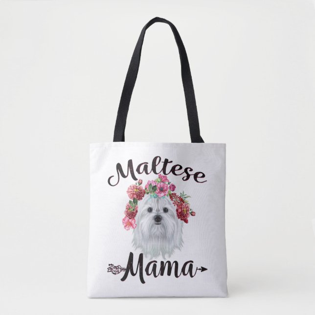 Dog Lover | Cute Maltese Mama Dog Flowers Florals Tote Bag (Front)
