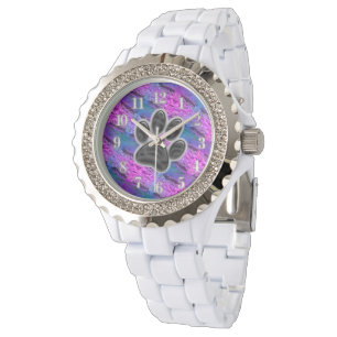 Dog Lover Diagonal Stripes Blue Purple Paw Print Watch