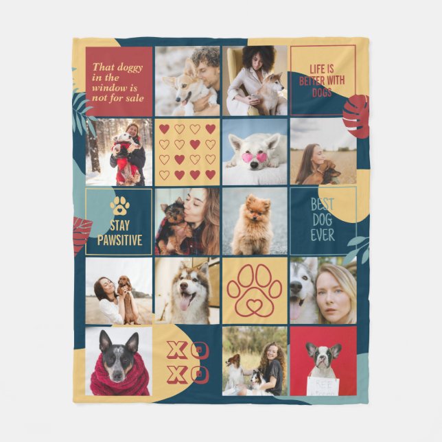 Dog Lover Dog Mum Cute Pet Photo Collage Retro Fleece Blanket (Front)