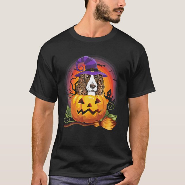 Dog Lover English Cocker Spaniel Witch Pumpkin T-Shirt (Front)