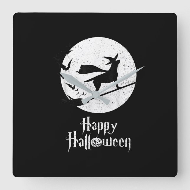 Dog Lover | Happy Halloween Lab Witch Riding Broom Square Wall Clock (Front)