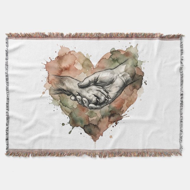 Dog Lover Human Animal Bond Watercolor Heart Throw Blanket (Front)