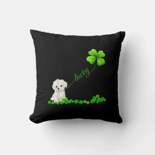 Dog Lover   Irish Shamrock Lucky With Cute Maltese Cushion