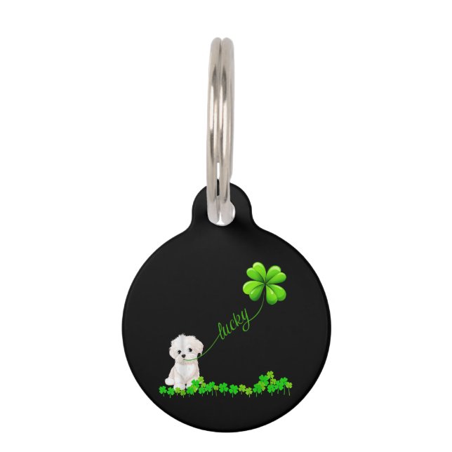 Dog Lover | Irish Shamrock Lucky With Cute Maltese Pet Tag (Front)
