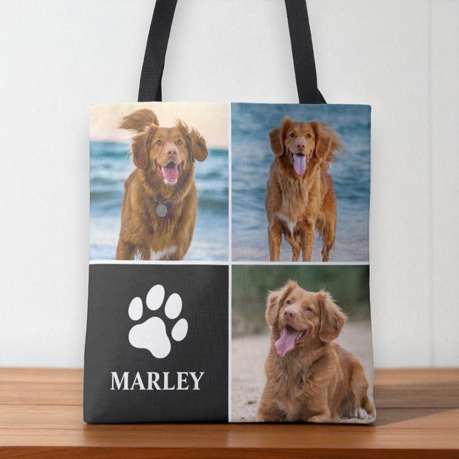 Dog Lover Paw Custom Name Photo Collage Pet Tote Bag (Creator Uploaded)