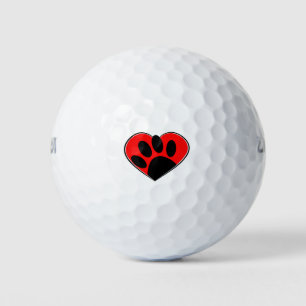 Dog Lover Paw Print And Red Heart Golf Balls