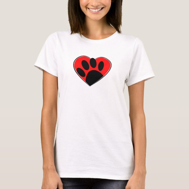 Dog Lover Paw Print And Red Heart T-Shirt (Front)