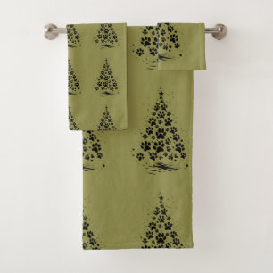 Dog Lover Paw Print Christmas Tree 3 Bath Towel Set