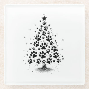 Dog Lover Paw Print Christmas Tree Glass Coaster