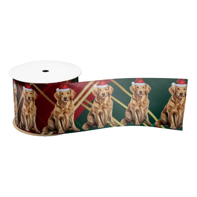Dog Lover Plaid and Golden Retriever Christmas Satin Ribbon (Spool)