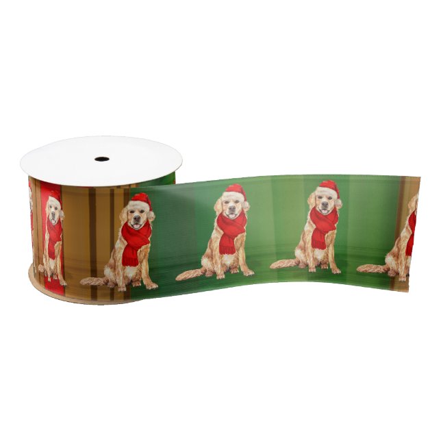 Dog Lover Plaid and Golden Retriever Christmas Satin Ribbon (Spool)