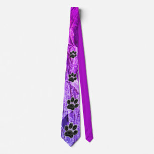 Dog Lover Purple Abstract Black Puppy Paw Print Tie
