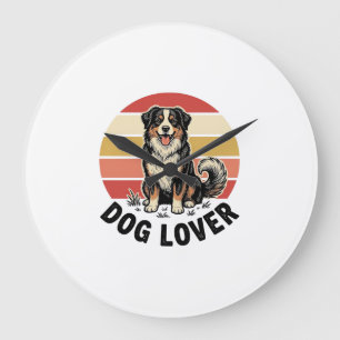 Dog Lover Vintage Engraving Cute Dog Sunset Design Large Clock