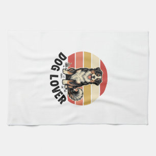 Dog Lover Vintage Engraving Cute Dog Sunset Design Tea Towel