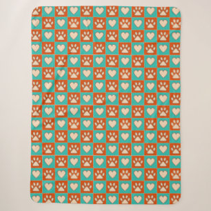 Dog Lovers Chequered Paw Prints and Hearts Pattern Sherpa Blanket