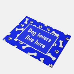 Dog Lovers Live Here Blue and White Bone Pattern Doormat