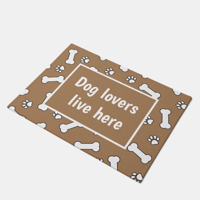 Dog Lovers Live Here Brown White Dog Bone Pattern Doormat (Angled)
