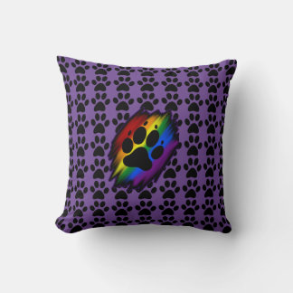 Dog lover's many paws rainbow pawprint purple cushion
