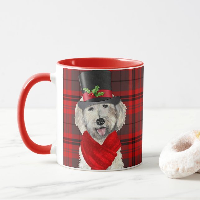 Dog Lover's Plaid Yellow Labradoodle Holiday Mug (With Donut)