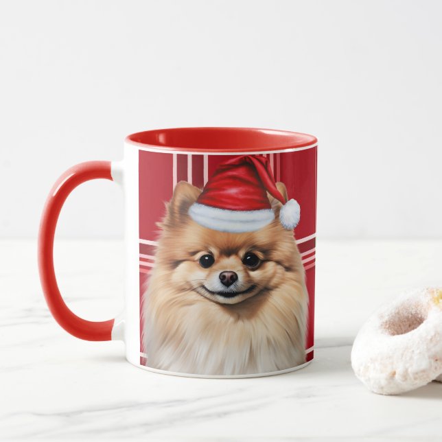 Dog Lover's Pomeranian Holiday Red Plaid Mug (With Donut)
