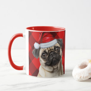 Dog Lover's Pug Holiday Red Buffalo Plaid Mug