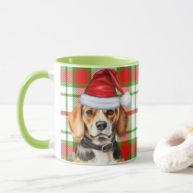 Dog Lover's Red Green Plaid and Beagle Holiday Mug (With Donut)