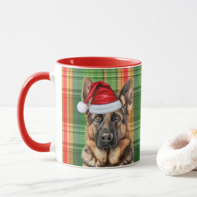 Dog Lover's Red Green Plaid and GSD Holiday Mug (With Donut)