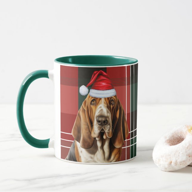 Dog Lover's Red Green Plaid Basset Hound Holiday Mug (With Donut)