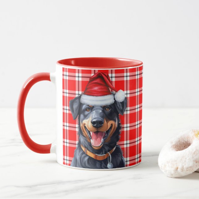 Dog Lover's Red Plaid and Beauceron Holiday Mug (With Donut)