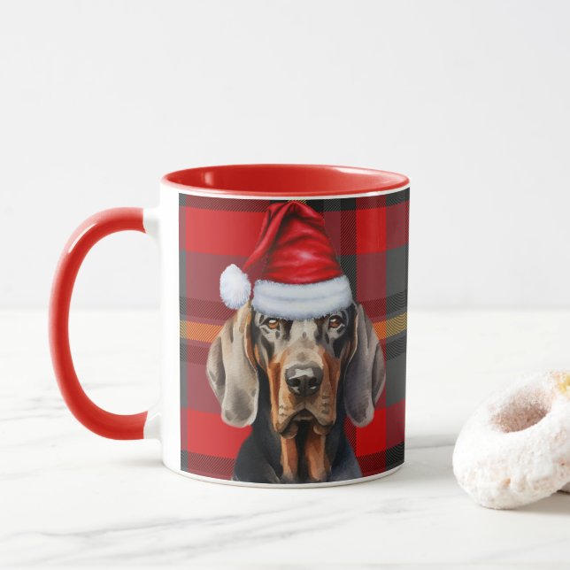 Dog Lover's Red Plaid Black Tan Coonhound Holiday Mug (With Donut)