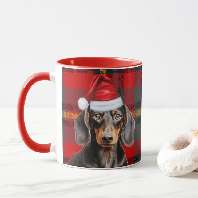 Dog Lover's Red Plaid Smooth Dachshund Holiday Mug (With Donut)