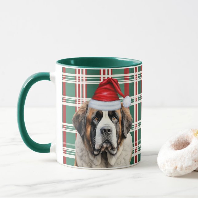 Dog Lover's Saint Bernard Santa Holiday Plaid Mug (With Donut)