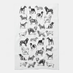 Dog Lover's Vintage Black & White Various Breeds Tea Towel