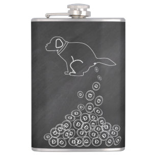 dog making dogecoins hip flask