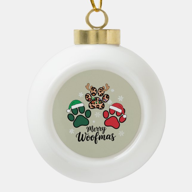 Dog Mama Christmas Merry Woofmas Dog Lover Xmas Ceramic Ball Christmas Ornament (Front)