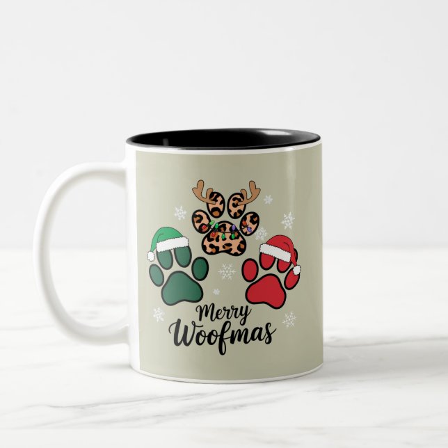 Dog Mama Christmas Merry Woofmas Dog Lover Xmas Two-Tone Coffee Mug (Left)