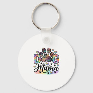 Dog Mama Paw Leopard Rainbow Watercolor Hearts_1 Key Ring