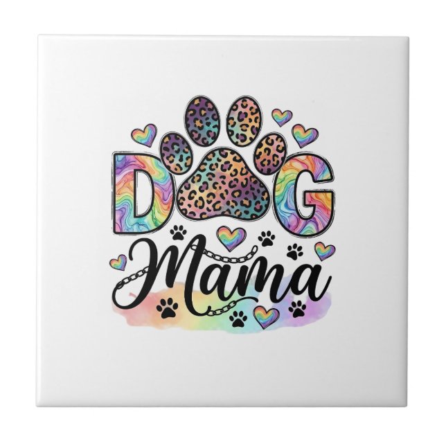 Dog Mama Paw Leopard Rainbow Watercolor Hearts_1 Tile (Front)