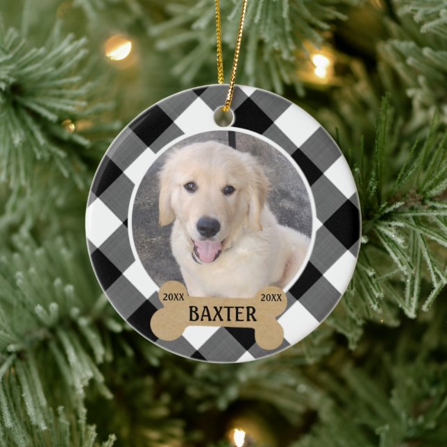 Dog Memorial Keepsake | B&W Buffalo Check Ceramic Tree Decoration (Tree)